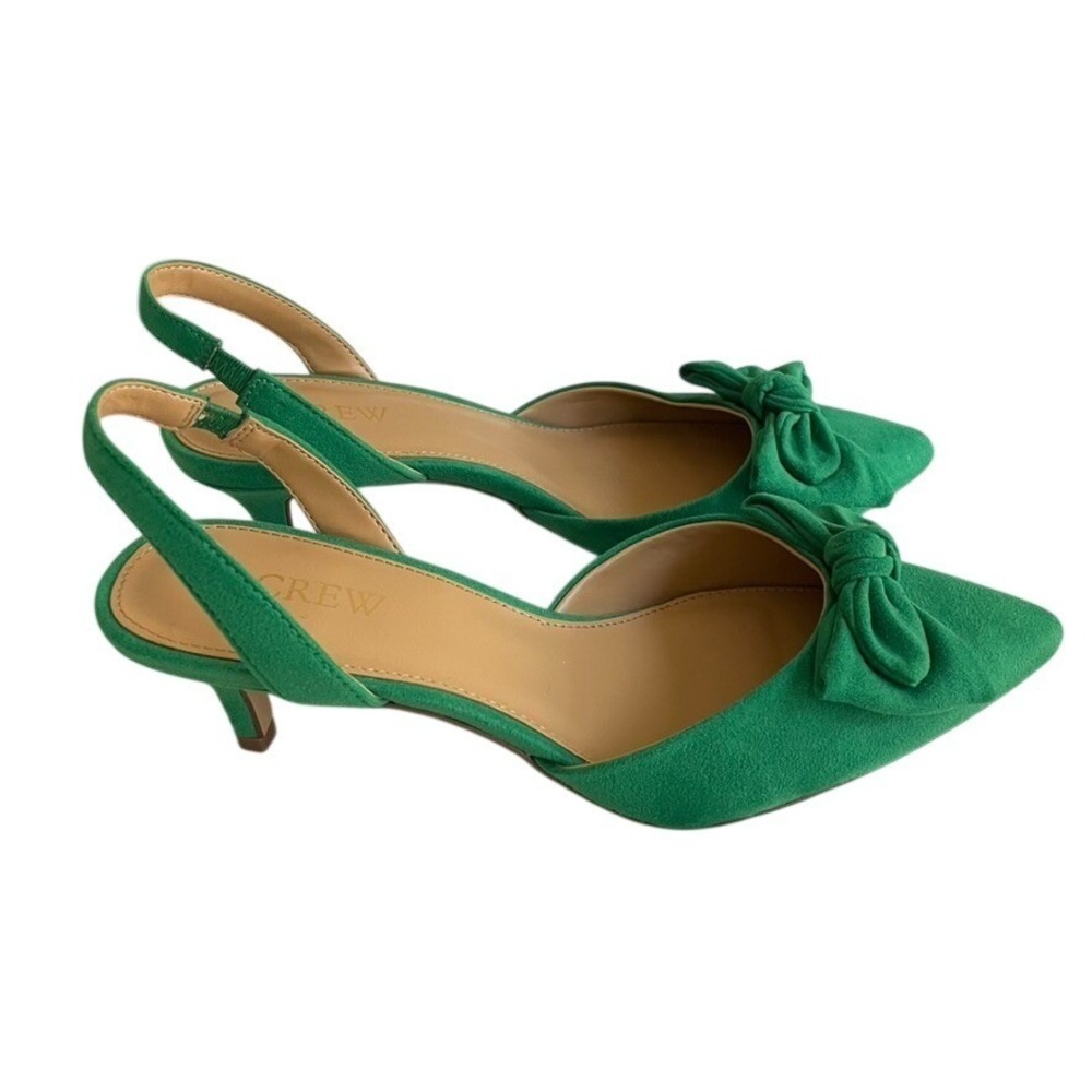 J.Crew Factory Kelly Green Slingback Heels Bow Pointed Toe Kitten Heel Sz 7 EUC - Picture 6 of 9